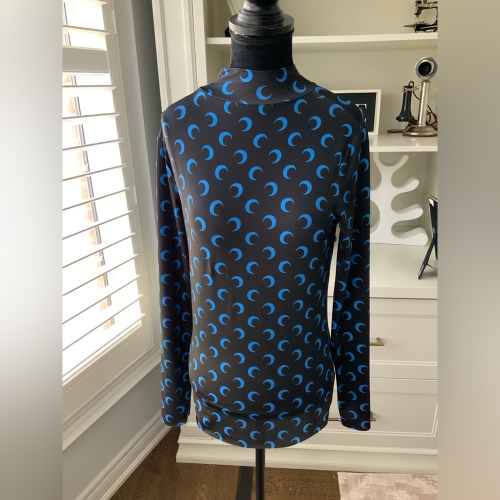 Moon Patterned Print Long Sleeve Cowl Neck Shirt Black Blue Women’s Size Medium